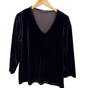 Jonden Womens Velour Top XL VTG Long Sleeve V Neck‎ Chocolate Brown Stretchy